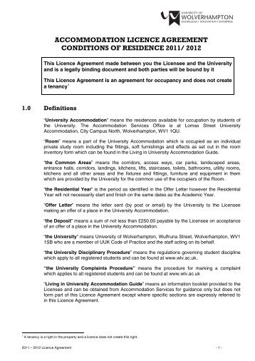 accommodation licence agreement conditions of residence 2011