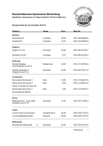 BÃ¼cher Klasse 6 2013-14 - Konrad-Adenauer-Gymnasium