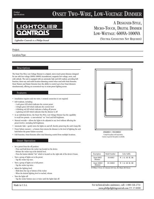 LIGHTOLIER OS600LV-I ON-SET DIMMER 