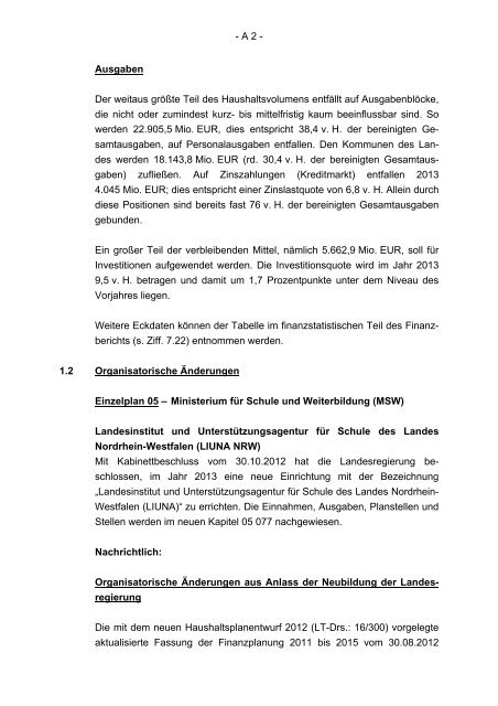 Finanzplanung 2012 bis 2016 mit Finanzbericht 2013 des Landes ...