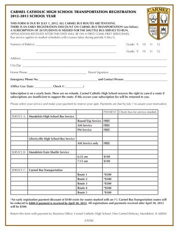 carmel catholic high school transportation registration 2012-2013 ...