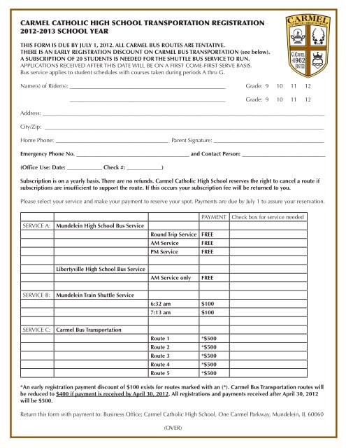 carmel catholic high school transportation registration 2012-2013 ...