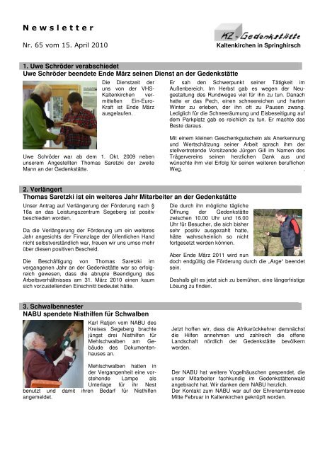 Newsletter - KZ-GedenkstÃ¤tte Kaltenkirchen in Springhirsch