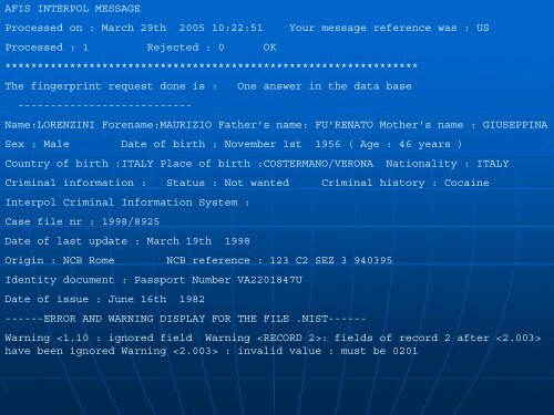 Interpol AFIS service - NIST Visual Image Processing Group