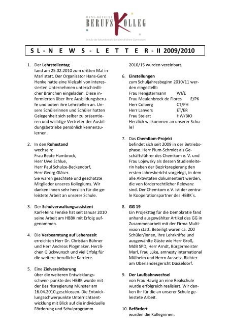 sl - news - letter - ii 2009/2010 - Hans-Böckler-Berufskolleg