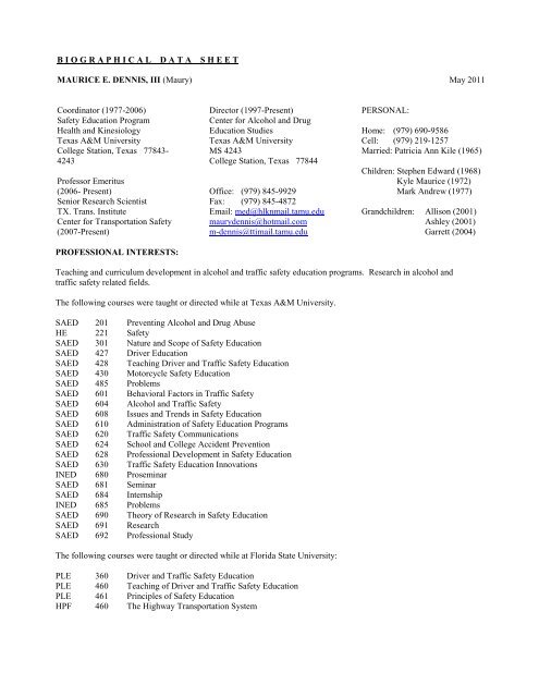 Dr. Dennis' long resume - Texas A&M Transportation Institute