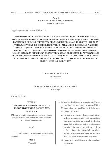 Legge regionale nÂ° 25 del 3 dicembre 2012 - Regione Basilicata