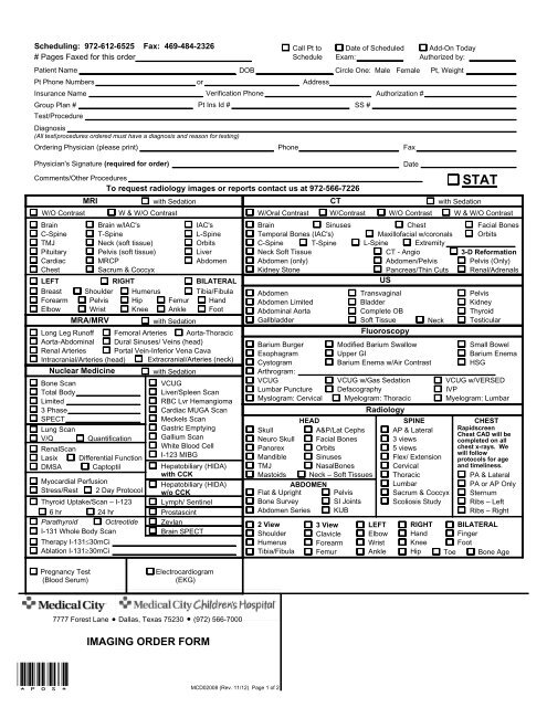 Outpatient Imaging Order Form - Medical City Dallas Hospital