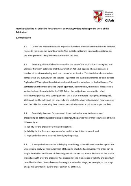 Guideline For Arbitrators On Making Orders Relating To The - 