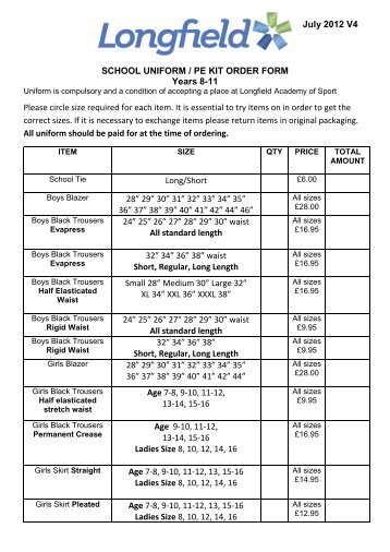 July 2012 V4 SCHOOL UNIFORM / PE KIT ORDER FORM - UK.COM