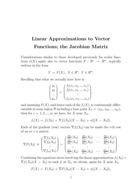 Linear Approximations to Vector Functions; the Jacobian Matrix
