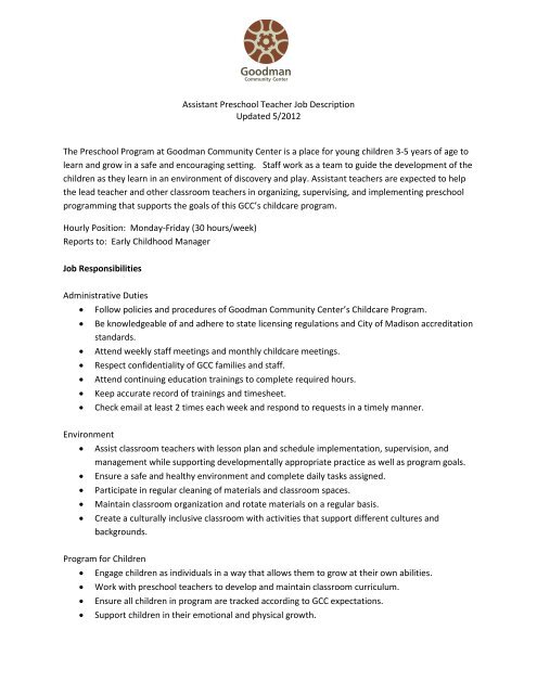 assistant preschool teacher job description updated 5 2012 the  - Kindergarten Teacher Job Description