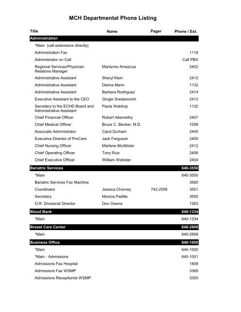 Mch Departmental Phone Listing Medical Center Hospital
