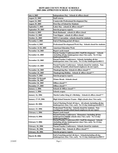 School Calendar - Howard County Public Schools