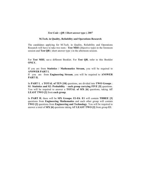 Test Code : QR ( Short answer type ) 2007 M.Tech. in Quality ...