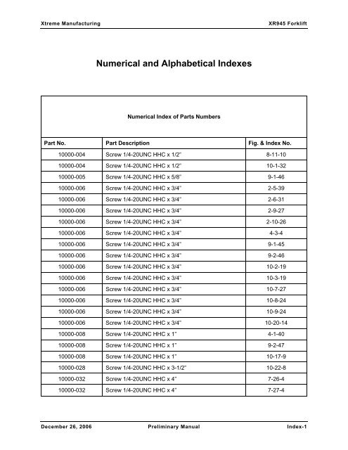 Numerical and Alphabetical Indexes - Xtreme Manufacturing
