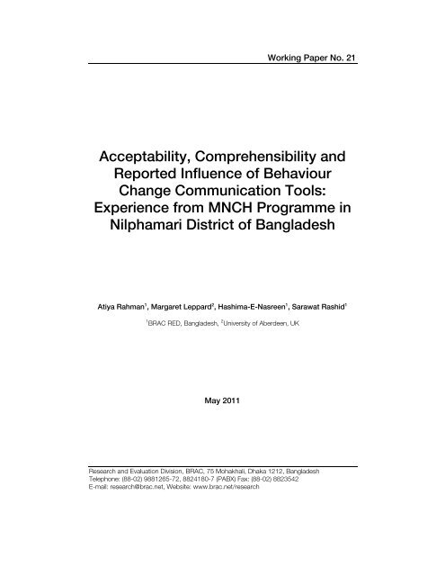 Acceptability, Comprehensibility and Reported Influence - BRAC ...