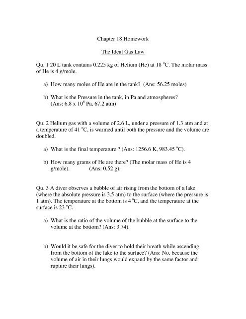 Chapter 18 Homework The Ideal Gas Law Qu 1 L Tank Contains