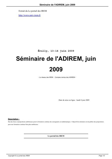 SÃ©minaire de l'ADIREM, juin 2009 - Le portail des IREM