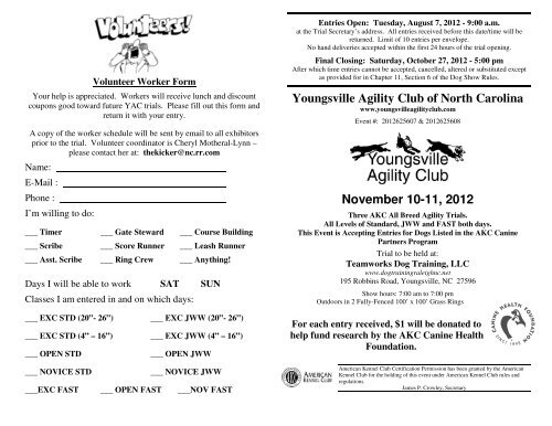 Youngsville Agility Club of North Carolina November 10-11, 2012