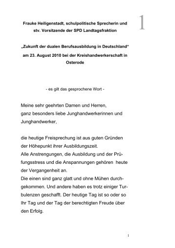 Rede zur Freisprechungsfeier der Kreishandwerkerschaft Osterode ...