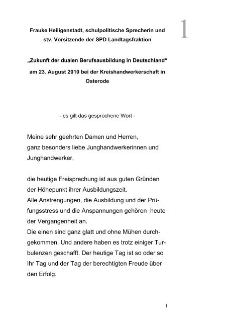 Rede zur Freisprechungsfeier der Kreishandwerkerschaft Osterode ...