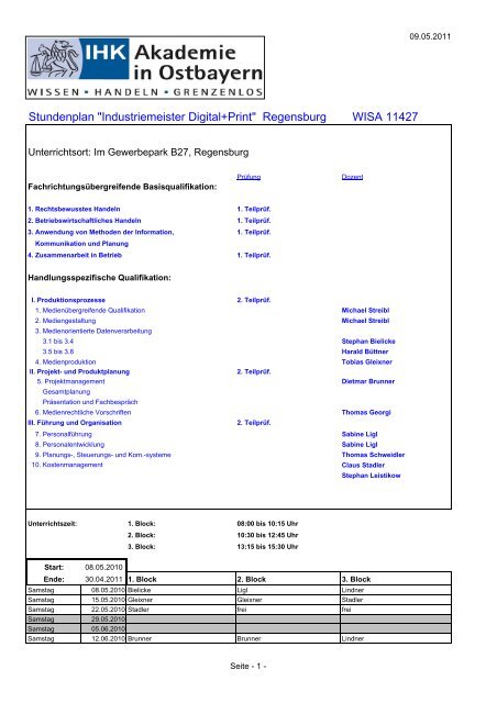 Stundenplan "Industriemeister Digital+Print" Regensburg WISA 11427