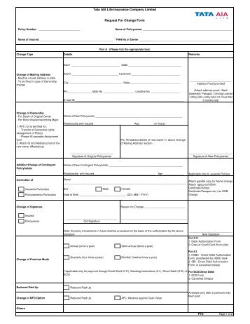 Tata AIA Life Insurance Company Limited Request For Change Form