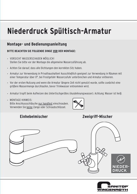 Niederdruck SpÃ¼ltisch-Armatur - sanitop wingenroth