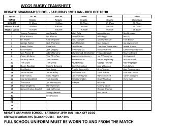 Reigate Grammar School Team Sheet - WCGS Sport