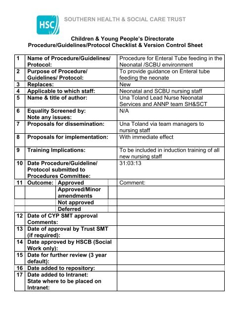 Enteral Tube Feeding Southern Health And Social Care Trust