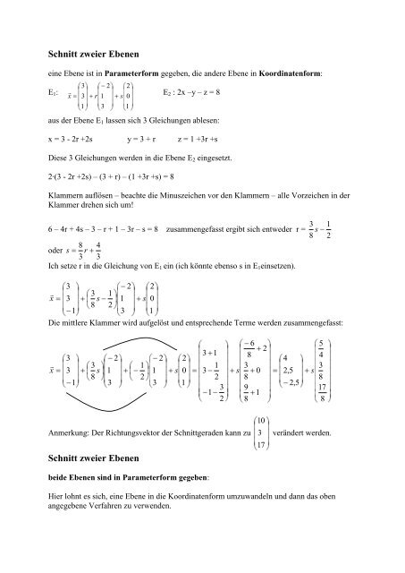 Schnitt zweier Ebenen - Mathe Online