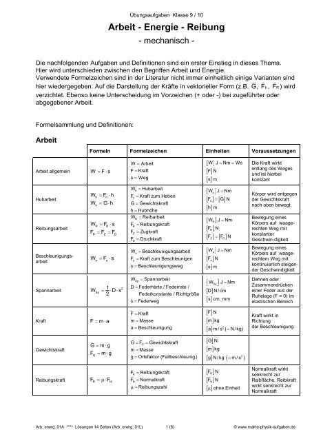 Arbeit - Energie - Reibung - Mathe-Physik-Aufgaben