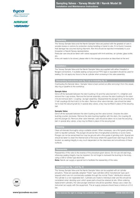 Sampling Valves - Yarway Model 56 / Narvik Model 36 - avintos