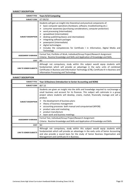 2012 Junior School Curriculum Years 9 & 10 - Centenary State High ...