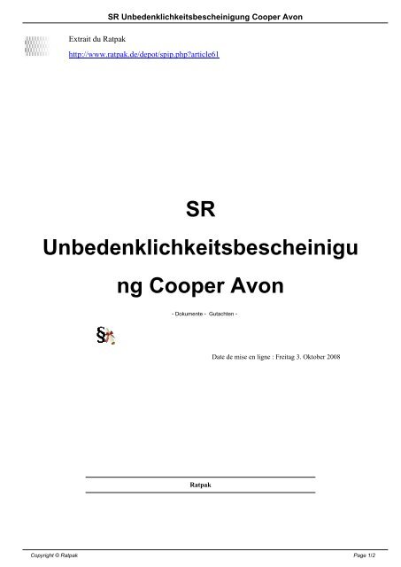 SR Unbedenklichkeitsbescheinigung Cooper Avon - Ratpak