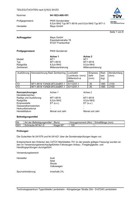 TEILEGUTACHTEN nach Â§19(3) StVZO Nummer 04 ... - MAM Felgen