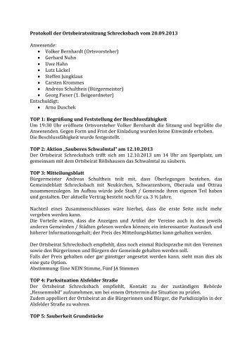 Protokoll der Ortsbeiratssitzung Schrecksbach vom 20.09.2013 ...