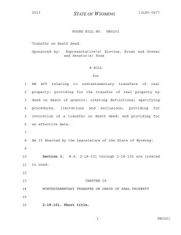 HB0201 - Transfer on death deed. - Wyoming Legislature