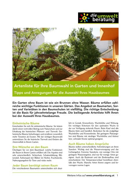 Artenliste Fur Ihre Baumwahl In Garten Und Innenhof Umweltberatung