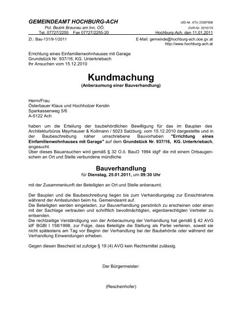 Kundmachung - in der Gemeinde Hochburg-Ach