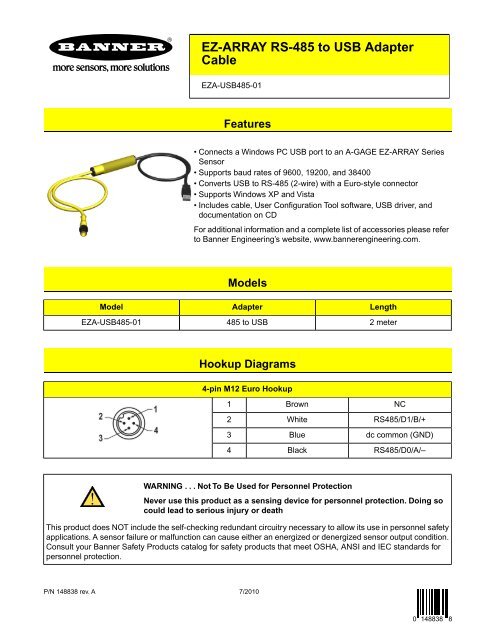 Ez Array Rs 485 To Usb Adapter Cable Banner Engineering