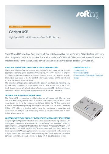 CANpro USB Data Sheet - Softing Industrial Automation