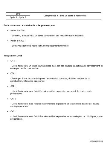 Lire CompÃ©tence 4 : Lire un texte Ã  haute voix ... - Ecoles.ec56.org