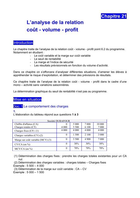 Chapitre 21 L'analyse de la relation coÃ»t - volume - profit