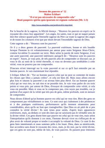 Sermon des pauvres n° 52 Maître Eckhart "Il n'est pas nécessaire de ...