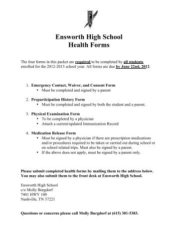 Health Forms Grades 9-12 2012-13 - Ensworth School