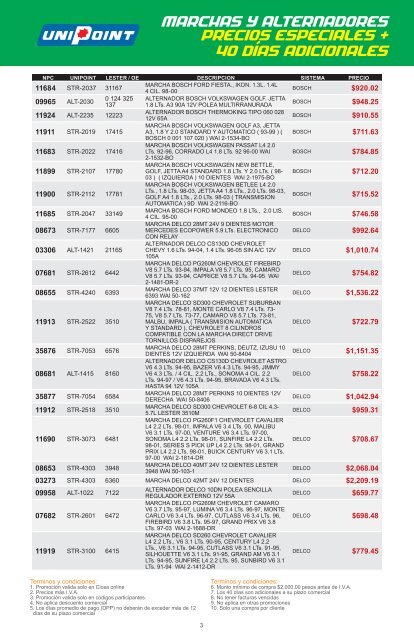 Marchas y Alternadores precios especiales + 40 dÃ­as adicionales