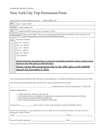 New York City Trip Permission Form - School Administrative Unit 21