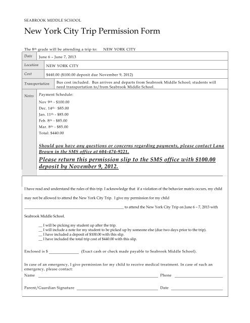 New York City Trip Permission Form - School Administrative Unit 21